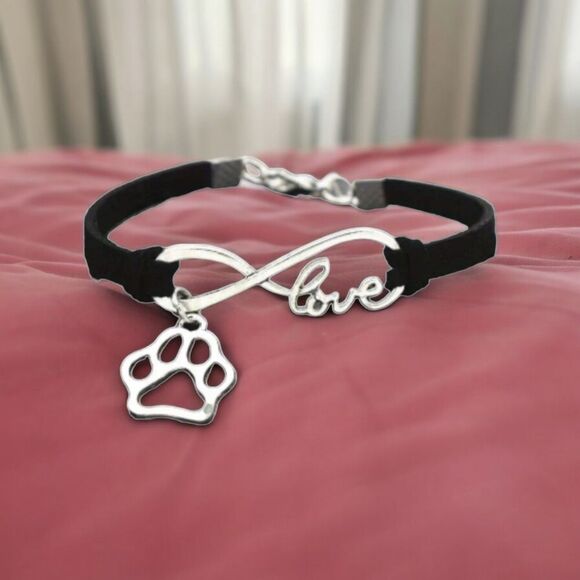 Paw Print 🐾 Dog Mom 🐾 Cat Lady Pet Lover Charm Bracelet Black Faux Leather - Picture 1 of 11
